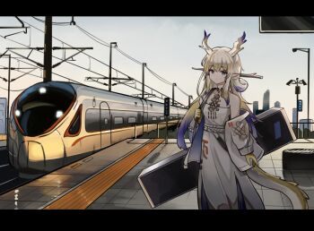 1girl arknights bare_shoulders belt blonde_hair blue_eyes cai_ling chinese_commentary closed_mouth colored_extremities commentary_request day dragon_girl dragon_horns dragon_tail expressionless highres horns jacket jewelry lamppost letterboxed long_hair looking_at_viewer multicolored_hair necklace off_shoulder outdoors pointy_ears projectile_trail purple_hair shu_(arknights) skirt solo standing strapless tail train train_station tube_top white_belt white_hair white_jacket white_skirt white_tube_top