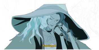 1girl blue_eyes cloak collared_dress cracked_skin dress elden_ring english_text extra_arms extra_faces fur_cloak furrowed_brow grey_hair hat long_hair onasugar one_eye_closed parted_lips ranni_the_witch tarnished_(elden_ring) upper_body white_dress white_hair witch_hat