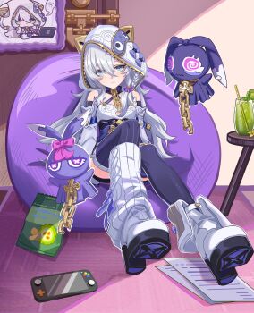 Rule 34 | 1girl, :i, absurdres, bare shoulders, bean bag chair, blue eyes, boots, bow, breasts, chinese commentary, chips (food), closed mouth, commentary request, cup, detached sleeves, drinking glass, food, grey hair, hair between eyes, hair bow, hand puppet, handheld game console, highres, honkai (series), honkai impact 3rd, indoors, juice, li shijin, light blush, long hair, looking at viewer, meme, official art inset, paper, pink pupils, potato chips, pout, puppet, purple bow, purple thighhighs, sitting, small breasts, solo, teri derp (meme), theresa apocalypse, theresa apocalypse (schicksal's imperative), thighhighs, white boots, white hood
