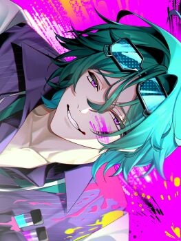 1boy aqua_hair blue-tinted_eyewear elias_delborne eyewear_on_head first_stage_production hair_between_eyes highres looking_at_viewer male_focus paint_splatter paint_splatter_on_face pink_eyes purple_shirt shirt short_hair sly_00 smile solo test_tube tinted_eyewear virtual_youtuber