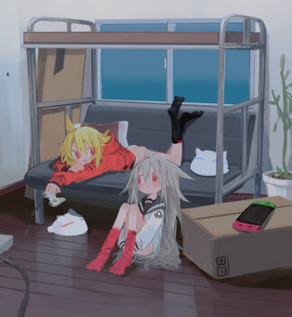 2girls ahoge antenna_hair ass bed black_sailor_collar black_socks blonde_hair blush bottomless box bunk_bed cardboard_box character_request chrogire/girection commentary_request controller couch fang feet_up game_console game_controller grey_hair handheld_game_console hands_under_legs highres holding holding_controller holding_game_controller indoors knees_up kokaki_mumose long_sleeves looking_at_viewer lying moneko_(kokaki_mumose) multiple_girls natsuka_(chrogire) neck_ribbon nintendo_switch on_couch on_stomach open_mouth plant playstation_1 pointy_ears potted_plant red_eyes red_ribbon red_socks reflective_floor ribbon sailor_collar school_uniform serafuku shirt smile socks white_shirt window wooden_floor