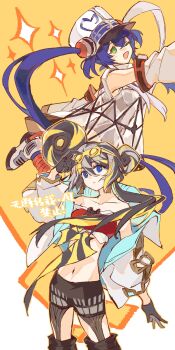 2girls bare_shoulders black_gloves blue_eyes blue_hair breasts commentary detached_sleeves dress duel_monster gloves green_eyes hair_between_eyes hat highres kewl_tune_cue kewl_tune_reco liiiyeee long_hair looking_at_viewer multicolored_hair multiple_girls open_mouth red_tube_top revealing_clothes see-through_clothes see-through_dress shako_cap single_bare_shoulder small_breasts smile sparkle stomach strapless symbol-only_commentary tube_top twintails white_background white_sleeves yu-gi-oh!