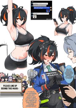 +_+ 6+girls ahoge alice_thymefield animal_ear_fluff animal_ears aqua_jacket armpits arms_up astra_yao averting_eyes belle_(zenless_zone_zero) black_bra black_gloves black_hair black_helmet black_necktie black_ribbon black_shorts black_shrug blindfold_mask blonde_hair blue_hair blue_jacket blue_necktie blunt_bangs blush bra breasts caesar_king_(zenless_zone_zero) cellphone checkered_necktie closed_eyes colored_speech_bubble combat_helmet commentary covered_eyes cowboy_shot crossed_bangs ellen_joe english_commentary english_text evelyn_chevalier fox_ears fox_girl glasses gloves glowing_mask green_eyes green_hair grey_hair hair_between_eyes hair_intakes hair_ornament hair_ribbon hairband helmet high-waist_pants highres holding holding_phone holster hoshimi_miyabi jacket kulojawa large_breasts letter_hair_ornament long_hair looking_at_another luciana_de_montefio mask metal_hairband mouth_mask multicolored_hair multiple_girls multiple_views navel necktie nicole_demara open_mouth orange_eyes pants phone pickelhaube pink_hair pointy_ears police police_badge police_uniform policewoman ponytail purple_eyes purple_hair purple_hairband rabbit_ears rabbit_girl red_eyes red_hair red_streaks ribbon shirt short_hair shorts shoulder_holster shrug_(clothing) side_ponytail smile speech_bubble sports_bra stomach streaked_hair stretching sunglasses sweat sweatdrop text_messaging tight_clothes tight_pants triangle_hair_ornament trigger_(zenless_zone_zero) tsukishiro_yanagi twitter_username two-tone_necktie two_side_up underwear uneven_bangs upper_body v-shaped_eyebrows vivian_banshee white_background white_hairband white_shirt wise_(zenless_zone_zero) zenless_zone_zero zhu_yuan