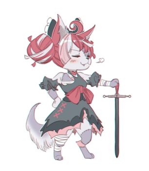 1girl ahoge animal_ears black_dress bow canyne closed_eyes commentary dog_ears dog_girl dog_tail double_bun dress english_commentary fangs full_body furrification furry furry_female grey_fur grey_hair hair_bow hair_bun hand_on_own_hip highres hololive hololive_indonesia kureiji_ollie kureiji_ollie_(1st_costume) monster_hunter_(series) monster_hunter_rise multicolored_hair patchwork_skin red_hair solo stitched_face stitches sword tail torn_clothes torn_dress virtual_youtuber weapon yoruny zombie