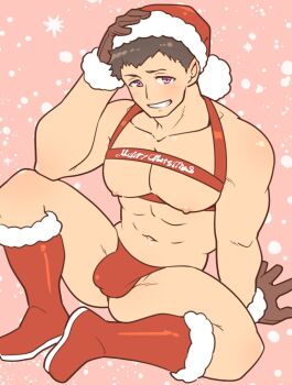 Rule 34 | 1boy, abs, aopanda, bara, blush, boots, briefs, brown gloves, brown hair, bulge, chest harness, commentary, fur-trimmed boots, fur-trimmed gloves, fur trim, gloves, grin, hand on own head, harness, hat, idolmaster, idolmaster side-m, knee boots, large pectorals, looking at viewer, male focus, male underwear, merry christmas, muscular, muscular male, nipples, pectorals, purple eyes, red boots, red male underwear, santa hat, shingen seiji, short hair, shoulder blush, sitting, smile, solo, symbol-only commentary, topless male, underwear