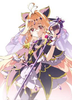 Rule 34 | 1girl, antenna hair, black capelet, black dress, blonde hair, capelet, commentary request, cure arcana shadow, dress, hair intakes, highres, holding, holding staff, light smile, long hair, magical girl, meitantei precure!, moria luluka, nownnownn, petticoat, precure, red eyes, simple background, solo, staff, tear arcana rod, veil, white background, wrist cuffs