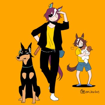 2girls animal_ears animalization aston_machan_(umamusume) black_pants blue_shoes blue_shorts brown_hair closed_eyes closed_mouth commentary_request dobermann dog eyepatch full_body horse_ears horse_girl horse_tail multicolored_hair multiple_girls onikobe_rin orange_background pants purple_hair shirt shoes short_hair shorts simple_background smile solid_circle_eyes streaked_hair symboli_kris_s_(umamusume) tail tanino_gimlet_(umamusume) umamusume vodka_(umamusume) white_shoes yellow_shirt