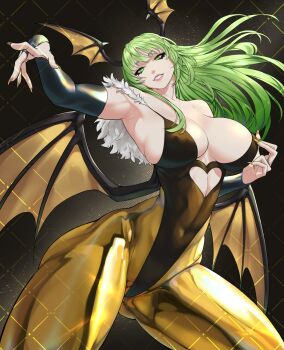 1girl bare_shoulders black_leotard breasts cleavage clothing_cutout elbow_gloves fingernails fur-trimmed_leotard fur_trim gabriel_carrasquillo gloves gold gold_leotard green_eyes green_hair head_wings heart_cutout highres large_breasts leotard long_fingernails looking_at_viewer morrigan_aensland pantyhose smile solo strapless strapless_leotard thick_thighs thighs darkstalkers wings yellow_nails yellow_pantyhose