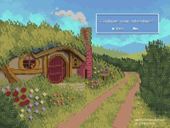 blue_sky bush chimney cottage_(building) dialogue_options dirt_road door english_text highres hill hobbit_hole no_humans onlypixeeels original overgrown path pixel_art road scenery sky smoke smoke_trail too_many_flowers window