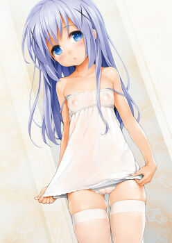 1girl :&lt; adjusting_clothes bare_arms blue_eyes blue_hair cameltoe chemise closed_mouth collarbone covered_erect_nipples cowboy_shot dutch_angle expressionless flat_chest frills gluteal_fold gochuumon_wa_usagi_desu_ka? hair_ornament head_tilt highres indoors ishikei kafuu_chino lingerie loli long_hair looking_at_viewer nipples panties see-through_clothes see-through_legwear shiny_skin skindentation sleeveless solo spaghetti_strap strap_slip tareme thigh_gap thighhighs underwear white_panties x_hair_ornament