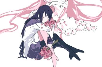 absurdly_long_hair akemi_homura akemi_homura_(magical_girl) arm_around_leg black_bow black_hair black_thighhighs bow capelet closed_eyes commentary_request dress dress_bow flower flower_request frilled_dress frills hair_flowing_over head_out_of_frame high_heels holding holding_flower hug kaname_madoka korean_commentary kyosaya_00 long_hair mahou_shoujo_madoka_magica pink_flower pink_hair pink_thighhighs purple_capelet purple_skirt sitting skirt thighhighs ultimate_madoka very_long_hair