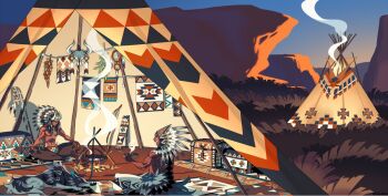 2boys animal black_hair bowl braid braided_ponytail campfire canyon commentary_request cooking dark-skinned_male dark_skin dreamcatcher edarow fake_horns food full_body headdress holding holding_bowl holding_smoking_pipe horned_headwear horns indian_style long_hair male_focus multiple_boys native_american native_american_headdress original sitting smoke smoking_pipe staff tail teepee toned toned_male topless_male very_long_hair wolf wolf_tail