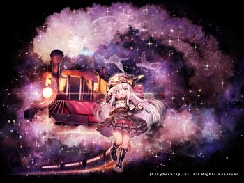 absurdres black_boots black_dress boots bow clock copyright_name cosmic_break dress frilled_dress frills hair_bow hat highres locomotive long_hair morizo_cs official_art open_mouth purple_eyes riel_arianrhod salute smile space star_(sky) train train_conductor very_long_hair whistle white_hair