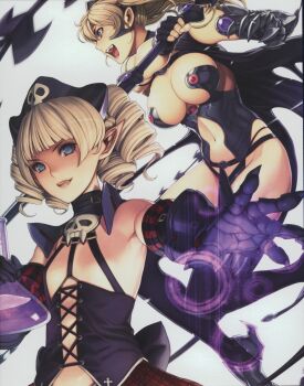 10s 2girls absurdres armor blue_eyes breasts brown_hair dwarf elina_(queen&#039;s_blade) gothic_lolita hat highres large_breasts lolita_fashion long_hair multiple_girls official_art panties pointy_ears queen&#039;s_blade queen&#039;s_blade_rebellion smile underwear ymir_(queen&#039;s_blade)