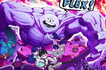 1girl 5boys absurdres alternate_eye_color antenna_hair aubrey_(headspace)_(omori) aubrey_(omori) barefoot black_eyes black_hair black_socks black_tank_top blue_shirt blush bow bright_pupils brothers closed_eyes closed_mouth collarbone colored_skin commentary double-parted_bangs english_commentary food frying_pan hair_bow hero_(headspace)_(omori) hero_(omori) highres kaydakay kel_(headspace)_(omori) kel_(omori) kneehighs long_hair long_shirt long_sleeves looking_at_another mr._jawsum multiple_boys muscular omori omori_(omori) open_mouth pajamas pants pink_bow pizza pizza_slice pluto_(omori) purple_hair purple_shorts scene_reference shirt short_hair short_sleeves shorts siblings socks speech_bubble striped_clothes striped_pajamas striped_pants striped_shorts t-shirt tank_top teeth the_earth_(omori) tongue vertical-striped_clothes vertical-striped_pajamas vertical-striped_pants vertical-striped_shorts white_pupils white_shorts white_skin