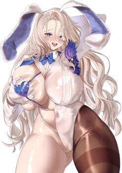 1girl absurdres animal_ears arm_up asymmetrical_clothes black_pantyhose blonde_hair blue_bow blue_bowtie blush bow bowtie breasts brown_dust_(series) brown_dust_2 cleavage commentary covered_navel cowboy_shot crop_top darian_silverstein fake_animal_ears gloves grabbing_own_breast groin hair_between_eyes highres large_breasts larizu leotard long_hair looking_at_viewer nontraditional_playboy_bunny nose_blush official_alternate_costume open_mouth pantyhose parted_bangs playboy_bunny rabbit_ears revealing_clothes shirt sidelocks simple_background single_leg_pantyhose solo standing teeth thighband_pantyhose upper_teeth_only white_background white_gloves white_shirt