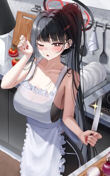 1girl absurdres apron bare_shoulders black_hair black_halo blue_archive blush breasts bright_pupils collarbone commentary_request cutting_board fingernails halo hand_up highres holding holding_knife hsxxx indoors knife large_breasts long_hair looking_at_viewer multicolored_halo nail_polish one_eye_closed onion parted_lips plate red_eyes red_halo red_nails rio_(blue_archive) solo spatula tomato two-tone_halo very_long_hair white_apron