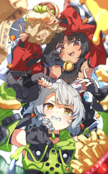 2girls ama_rei anby_demara animal_ear_fluff animal_ears black_hair burger cat_ears cat_girl commentary_request dark-skinned_female dark_skin food french_fries gloves grey_hair highres holding holding_burger holding_food multiple_girls nekomiya_mana orange_eyes red_eyes short_hair tail zenless_zone_zero