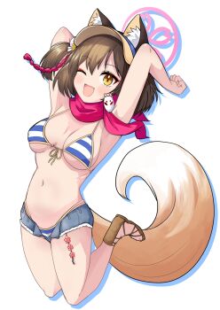 1girl ;d animal_ear_fluff animal_ears armpits arms_behind_head bikini blue_archive blush breasts breasts_apart brown_hair clenched_hand commentary_request cutoffs denim denim_shorts drop_shadow eyelashes eyeshadow fang fox_ears fox_girl fox_tail front-tie_bikini_top front-tie_top full_body hair_between_eyes hair_ornament halo happy highres izuna_(blue_archive) izuna_(swimsuit)_(blue_archive) jumping looking_at_viewer makeup medium_breasts medium_hair official_alternate_costume one_eye_closed one_side_up open_mouth partial_commentary pink_halo pink_scarf pom_pom_(clothes) pom_pom_hair_ornament red_eyeshadow ririfu sandals scarf short_shorts shorts simple_background smile solo striped_bikini striped_clothes swimsuit tail thighs underboob visor_cap white_background yellow_eyes