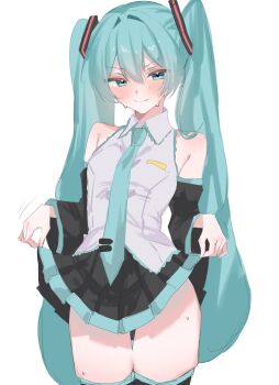 Rule 34 | 1girl, aqua eyes, aqua hair, aqua necktie, aqua trim, bare shoulders, black boots, black skirt, black sleeves, boots, clothes lift, collared shirt, commentary request, cowboy shot, detached sleeves, double-parted bangs, embarrassed, grey shirt, hair between eyes, hatsune miku, highres, long hair, looking at viewer, mamekiti k, miniskirt, necktie, shirt, skirt, skirt lift, sleeveless, sleeveless shirt, sweatdrop, thigh boots, thighs, tie clip, twintails, very long hair, vocaloid, white background