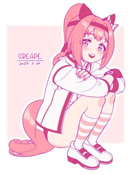 1girl animal_ears blush bow buruma commentary_request creape ear_bow ear_covers fingerless_gloves flower-shaped_pupils flower_in_eye gloves haru_urara_(bestest_prize)_(umamusume) haru_urara_(umamusume) headband highres horse_ears horse_girl horse_tail jacket long_hair open_mouth pink_buruma pink_eyes pink_hair pink_headband ponytail red_buruma red_gloves red_headband shirt shoes smile socks solo squatting striped_clothes striped_socks symbol-shaped_pupils symbol_in_eye tail teeth umamusume upper_teeth_only white_jacket white_shirt