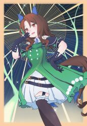 Rule 34 | 1girl, absurdres, black thighhighs, brown hair, dress, ear covers, garter straps, green dress, highres, horse girl, horse tail, king halo (umamusume), kingheipo, layered dress, looking at viewer, ojou-sama pose, open mouth, puffy short sleeves, puffy sleeves, red eyes, short sleeves, smile, solo, tail, thighhighs, umamusume