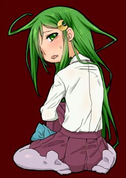 1girl bad_id bad_pixiv_id brown_background cosplay crescent crescent_hair_ornament fang from_behind green_eyes green_hair grey_pantyhose hair_ornament halterneck harukaze_unipo kantai_collection long_hair looking_at_viewer looking_back nagatsuki_(kancolle) pantyhose school_uniform shirt sitting solo wariza white_shirt yuugumo_(kancolle) yuugumo_(kancolle)_(cosplay)