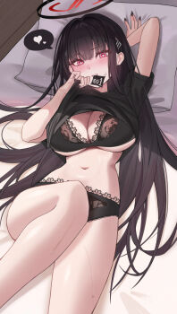 1girl black_bra black_hair black_halo black_panties black_shirt blue_archive bra breasts bright_pupils cleavage clothes_lift commentary condom condom_in_mouth condom_wrapper hair_ornament hairclip halo heart highres large_breasts lifting_own_clothes long_hair looking_at_viewer melt_(melt_out1) mouth_hold multicolored_halo panties red_eyes red_halo rio_(blue_archive) shirt shirt_lift solo spoken_heart thighs two-tone_halo underwear white_pupils