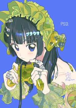 Rule 34 | 1girl, absurdres, black hair, blue background, blue eyes, bonnet, cable, cd, controller, frilled bonnet, frills, game console, game controller, highres, holding, holding controller, holding game controller, jewelry, kagenoyuhi, long hair, looking at viewer, memory card, multiple rings, original, personification, playstation 2, playstation controller, ring, solo