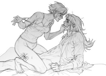 abaddon_(haunted_hotel) aged_up assertive_female blush bottomless bra camisole commentary cowgirl_position esther_freeling eye_contact grabbing_another's_face greyscale haunted_hotel head_grab hetero imminent_penetration imminent_vaginal leg_tattoo long_hair looking_at_another monochrome rickorty_08 short_hair simple_background straddling sweat symbol-only_commentary tattoo underwear white_background