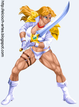 1girl abs armor artist_name belt bikini bikini_bottom_only blonde_hair blue_eyes boots breasts cleavage earrings elcioch gloves golden_axe golden_axe:_the_duel highres hip_bones jewelry large_breasts long_hair milan_flare muscular_legs navel necklace sega shiny_skin shoulder_armor swimsuit sword thigh_belt thigh_strap toned weapon