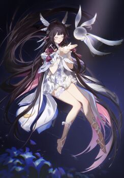 1girl arm_ribbon black_hair blue_flower bow closed_eyes columbina_(genshin_impact) commentary dress english_commentary eye_mask flower full_body genshin_impact hair_ornament hair_ribbon highres leg_ribbon long_hair luonnotar_(genshin_impact) mask multicolored_hair nevercrymoon pink_hair ribbon thigh_strap two-tone_hair very_long_hair watermark white_bow white_dress white_ribbon wing_hair_ornament