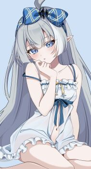 Rule 34 | 1girl, :o, absurdres, ahoge, bare shoulders, blue background, blue bow, blue negligee, bow, breasts, clothing cutout, collarbone, extra pupils, female tyrant (stella sora), frilled negligee, grey hair, hair bow, hair ornament, head tilt, highres, kano3, light blush, lingerie, long hair, looking at viewer, navel, negligee, pointy ears, simple background, sitting, small breasts, solo, stella sora, stomach cutout, strap slip, tyrant (stella sora), underwear, very long hair, yokozuwari