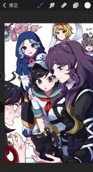 168namu3 6+girls anger_vein animal black_hair gradient_hair hat highres hijiri_byakuren holding holding_animal houjuu_nue kumoi_ichirin long_hair looking_at_animal medium_hair multicolored_hair multiple_girls murasa_minamitsu nazrin sailor_hat surprised tatara_kogasa toramaru_shou touhou undefined_fantastic_object unzan user_interface white_background