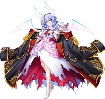 1girl absurdly_long_hair adapted_costume aged_up alternate_costume alternate_hair_length alternate_hairstyle alternate_wing_color ascot bad_link bat_(animal) bat_wings black_coat blood blue_hair brooch character_doll coat collared_shirt commentary doll epaulettes evil_smile fang flandre_scarlet flandre_scarlet_(vampire_pursuing_the_hunter) fringe_trim game_cg gold_trim head_wings high_heels highres jewelry long_hair multiple_wings official_art open_clothes open_coat open_mouth plate red_coat red_eyes remilia_scarlet remilia_scarlet_(modern-day_makai's_charismatic_mistress) rotte_(1109) shirt shoes short_sleeves skirt skull smile smug solo sparkle spill table third-party_source torn_clothes torn_coat torn_skirt touhou touhou_lostword transparent_background two-sided_coat two-sided_fabric very_long_hair white_shirt white_shoes white_skirt white_wings wings wrist_cuffs