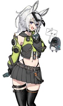 1girl :d allen.n anby_demara anby_demara_(cosplay) animal_ears arknights bare_shoulders black_skirt black_sleeves black_thighhighs blush chibi chibi_only commentary_request cosplay cowboy_shot crop_top detached_sleeves doctor_(arknights) dot_nose gloves grani_(arknights) green_sleeves grey_gloves grey_hair hatching_(texture) highres linear_hatching long_sleeves looking_at_viewer medium_hair midriff miniskirt navel open_mouth panty_straps partial_commentary pleated_skirt purple_eyes simple_background skindentation skirt smile solo standing sweatdrop thigh_strap thighhighs v white_background zenless_zone_zero