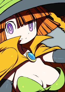 1girl beeru_(veil8801) black_hat blue_gemstone blunt_bangs blunt_ends breasts bright_pupils brooch cape cleavage closed_mouth commentary_request dragon_quest dragon_quest_iii gem gloves grey_background hand_on_own_hat hand_up hat highres jewelry mage_(dq3) medium_breasts orange_hair purple_eyes short_hair simple_background smile solo split_mouth upper_body white_pupils yellow_cape yellow_gloves