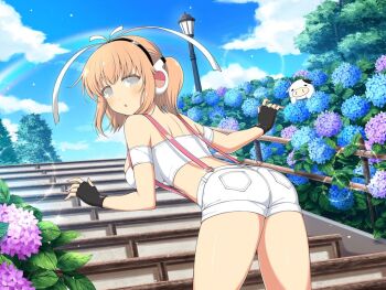 1girl :o animal ass belt belt_buckle black_belt black_gloves black_hairband blue_flower blue_sky blush breasts buckle casual cloud cow day fingerless_gloves flower garden gloves grey_eyes hair_ribbon hairband headphones horns hydrangea lamppost large_breasts leaf lens_flare looking_at_viewer marvelous median_furrow official_alternate_costume official_art open_mouth orange_hair purple_flower rainbow ribbon senran_kagura senran_kagura_new_link senran_kagura_new_wave shiny_skin short_hair short_shorts short_twintails shorts shoulder_blades sky solo stairs strapless suspenders tree tube_top twintails ushimaru_(senran_kagura) ushiwakamaru_(senran_kagura) white_ribbon white_shorts white_tube_top wrist_belt yaegashi_nan