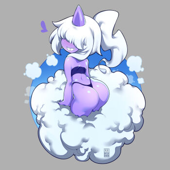 Rule 34 | 1girl, artist name, ass, bayeuxman, cloud, colored skin, dazzi, grey background, hair over eyes, horns, long hair, pal (creature), palworld, panties, ponytail, purple horns, purple panties, purple skin, purple tube top, simple background, single horn, solo, strapless, tube top, underwear, white hair