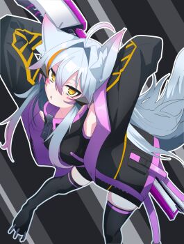 1girl absurdres ahoge animal_ear_fluff animal_ears arms_up bare_shoulders black_background black_jacket black_shirt black_thighhighs breasts character_request clawed_thighhighs colored_tips commentary_request facial_mark grey_background gun hair_between_eyes hair_intakes highres holding holding_gun holding_weapon jacket long_hair looking_at_viewer multicolored_hair multicolored_jacket omurice_(green_solenoid) open_mouth pink_hair pink_jacket pink_shirt risakiriki shirt skindentation small_breasts solo striped_background tail thighhighs turtleneck turtleneck_shirt two-tone_hair two-tone_jacket two-tone_shirt weapon white_background white_hair wolf_ears wolf_girl wolf_tail yellow_eyes zettai_ryouiki