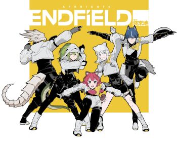 2boys 3girls akekuri_(arknights) animal_ears antal_(arknights) arknights arknights:_endfield black_pants blue_hair cat_ears cat_girl cat_tail catcher_(arknights) closed_mouth commentary copyright_name dog_boy dog_ears dog_girl dog_tail english_commentary estella_(arknights) fluorite_(arknights) green_hair highres hood hood_down hood_up hooded_jacket jacket lizard_tail looking_at_viewer multiple_boys multiple_girls open_mouth paimingj pants red_hair reptile_boy scar scar_on_face scar_on_nose smile snake_girl snake_tail tail white_hair white_jacket