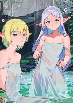 2girls :o bare_arms bare_shoulders blonde_hair branch breasts cesar_art456 commentary cowboy_shot double_strap_slip dress elf english_commentary frieren green_eyes grey_hair hair_between_eyes hair_down heart highres leaf light_blush long_hair long_pointy_ears looking_at_viewer milliarde_(sousou_no_frieren) multiple_girls parted_bangs parted_lips pointy_ears rock short_eyebrows short_hair sidelocks small_breasts sousou_no_frieren spoken_heart standing strap_slip thick_eyebrows twitter_username very_long_hair wading water water_drop waterfall wet wet_clothes wet_dress wet_hair white_dress