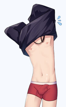 1boy arms_up bulge clothes_lift cropped_legs jewelry kemono_jihen kusaka_kabane liu_xi_ruki male_focus navel necklace nipples shirt_lift solo underwear upper_body