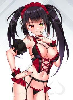 1girl artist_request black_hair black_panties blush bow breasts clock_eyes closed_mouth date_a_live garter_belt hairband heterochromia highres lingerie lolita_hairband long_hair looking_at_viewer medium_breasts naughty_face navel panties red_bow red_eyes seductive_smile smile solo source_request standing symbol-shaped_pupils tokisaki_kurumi tokisaki_kurumi_(spirit) twintails underwear underwear_only uneven_twintails yellow_eyes