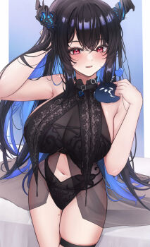 1girl absurdres animal animal_on_shoulder arm_up bird bird_on_shoulder black_bra black_choker black_hair black_panties blue_hair border bra breasts choker commentary demon_horns highres hololive hololive_english horns jailbird_(nerissa_ravencroft) large_breasts long_hair mofu07519 mole mole_under_eye multicolored_hair nerissa_ravencroft panties parted_lips red_eyes two-tone_hair underwear underwear_only very_long_hair virtual_youtuber white_border