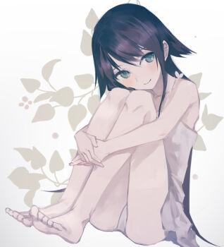 1girl alt_(apou) bare_legs barefoot black_hair blush commentary_request dress feet green_eyes hair_between_eyes hair_flaps hugging_own_legs long_hair panties saya_(saya_no_uta) saya_no_uta simple_background sitting sleeveless sleeveless_dress smile solo underwear white_dress