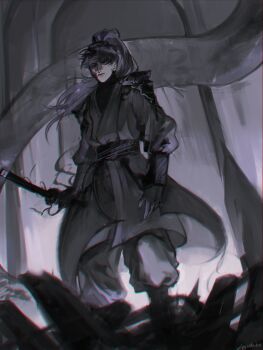 1boy absurdres baggy_pants black_gloves black_hair black_robe blood blood_on_face curtained_hair floating_hair from_below full_body gloves high_ponytail highres logicsterrr long_hair looking_at_viewer male_focus pants ponytail robe scabbard shadow_slave sheath shoulder_pads solo standing sunny_(shadow_slave) turtleneck