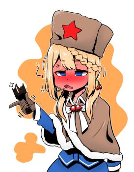 1girl blonde_hair blue_eyes blush broken_bottle capelet drowsy drunk female_focus full-face_blush fur_hat girls&#039;_frontline gloves hair_ornament hat highres holding low_twintails open_mouth ppsh-41_(girls&#039;_frontline) red_star simple_background sleepy solo star_(symbol) twintails ushanka voodoowood