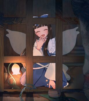 1girl basket blue_bow blue_dress blush bow bowl brown_hair cage chain closed_eyes closed_mouth commentary_request covering_own_mouth desk_lamp dress fairy fairy_wings frilled_skirt frills hair_bow highres hime_cut in_cage lamp laughing long_dress long_hair mozukuzu_(manukedori) open_mouth pov sitting skirt star_(symbol) star_print star_sapphire touhou twitter_username wariza white_sleeves wings