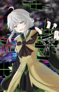 1other abstract_background ahoge androgynous ascot black_kimono black_shorts brown_ascot brown_coat coat collared_coat cowboy_shot dot_nose enraku_tsubakura glitch grey_eyes grey_hair hair_between_eyes happy highres houlen_yabusame japanese_clothes jinbei_(clothes) kimono lapels layered_sleeves len&#039;en long_sleeves looking_at_viewer notched_lapels open_mouth other_focus outstretched_hand portal_(object) puffy_short_sleeves puffy_sleeves short_hair_with_long_locks short_kimono short_over_long_sleeves short_sleeves shorts sidelocks smile solo standing teeth temshi upper_teeth_only